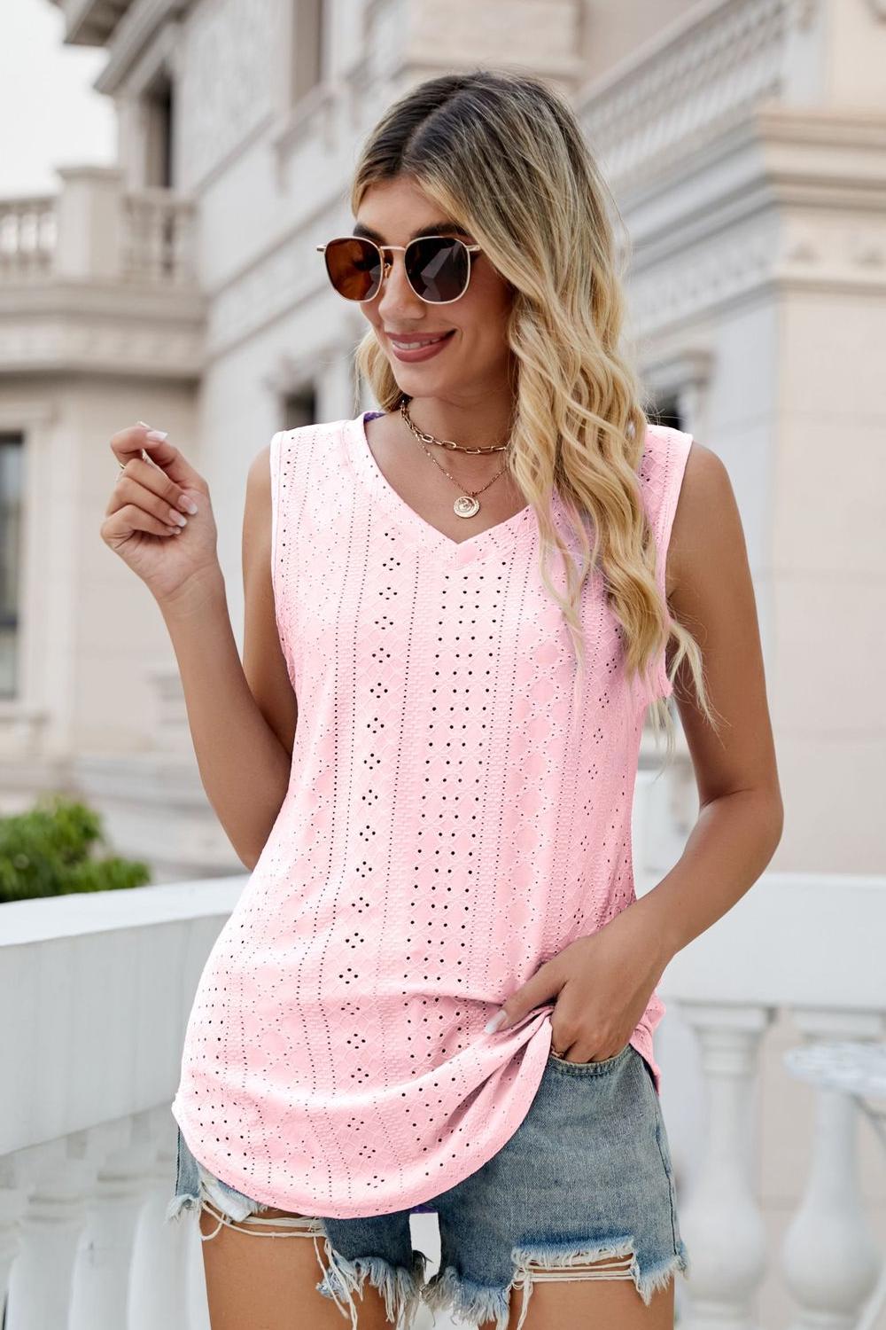 Eyelet V-Neck Tank - Quelle's BoutiQue