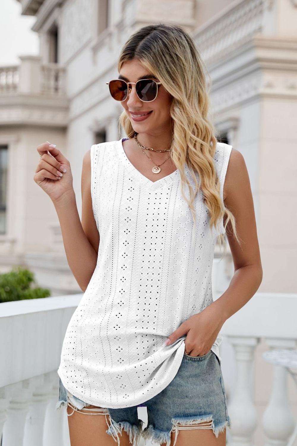 Eyelet V-Neck Tank - Quelle's BoutiQue