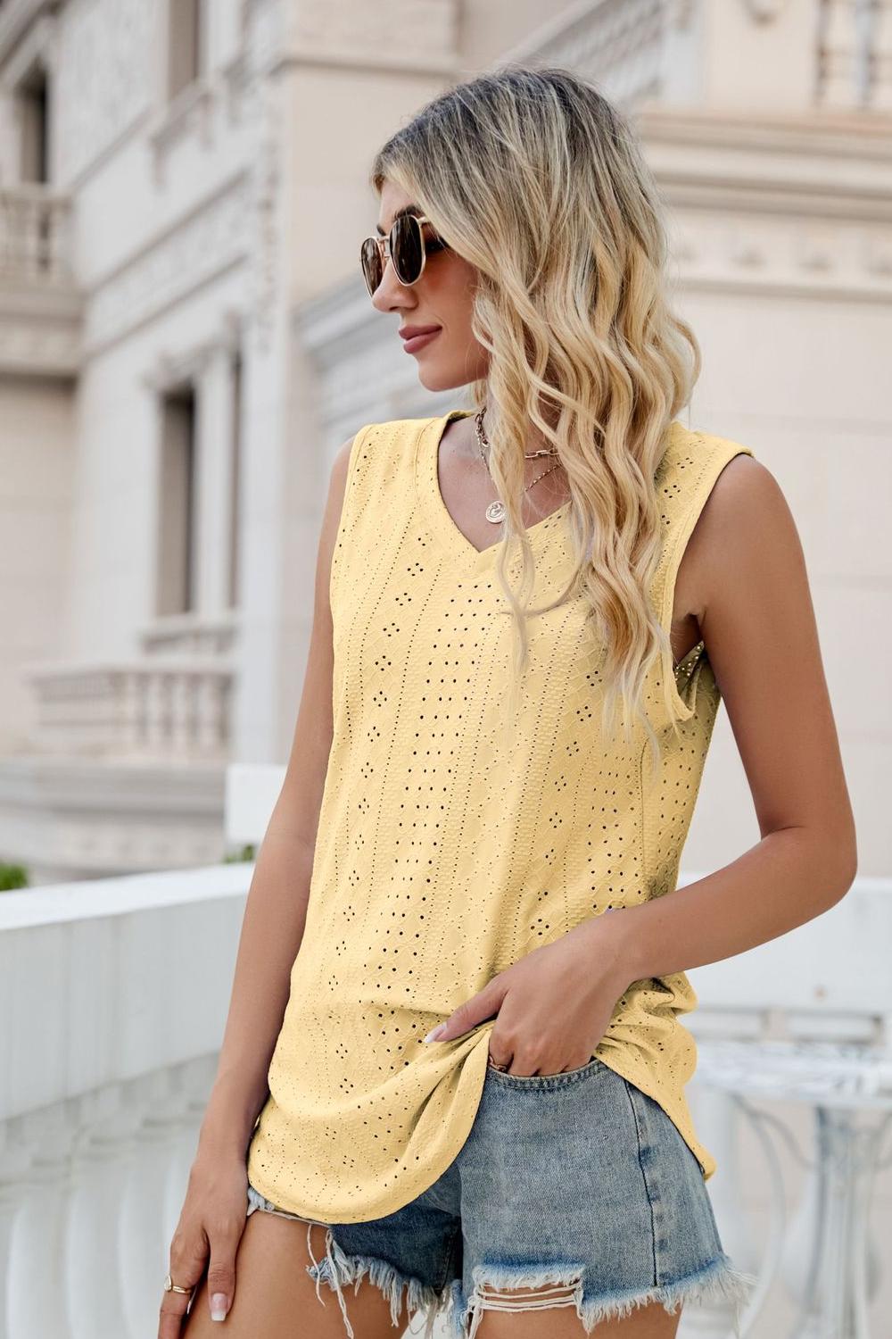 Eyelet V-Neck Tank - Quelle's BoutiQue