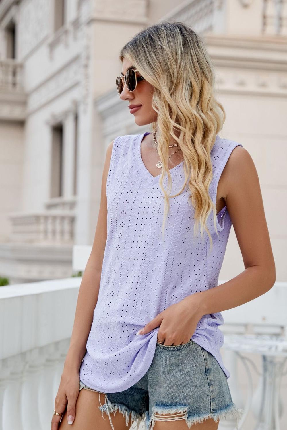 Eyelet V-Neck Tank - Quelle's BoutiQue