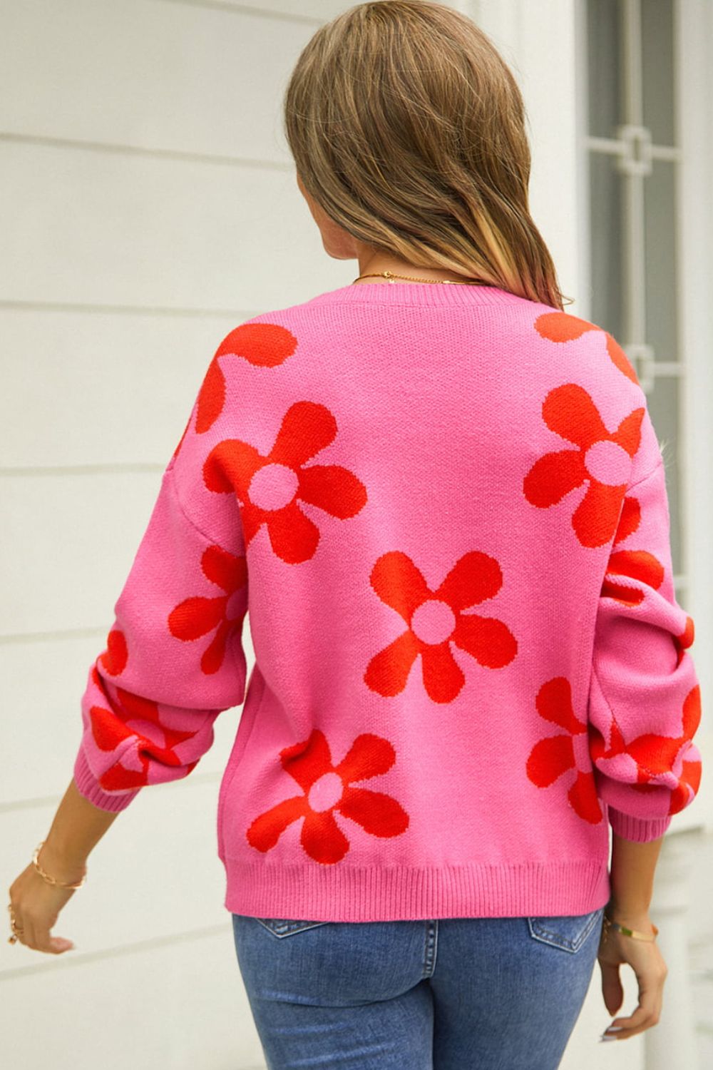 Floral Print Dropped Shoulder Pullover Sweater - Quelle's BoutiQue