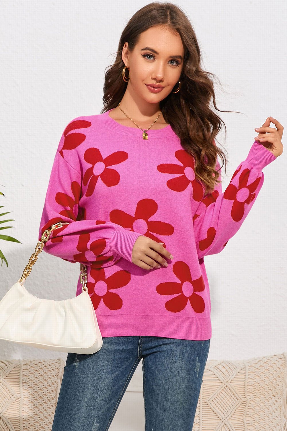 Floral Print Dropped Shoulder Sweater - Quelle's BoutiQue