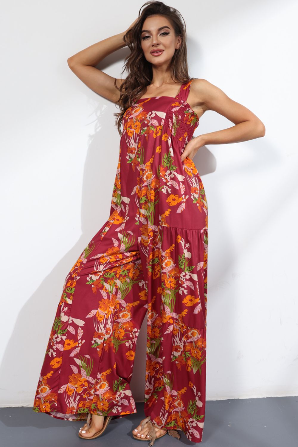 Floral Square Neck Wide Leg Jumpsuit - Quelle's BoutiQue