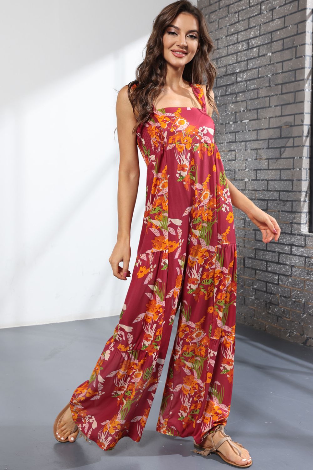 Floral Square Neck Wide Leg Jumpsuit - Quelle's BoutiQue