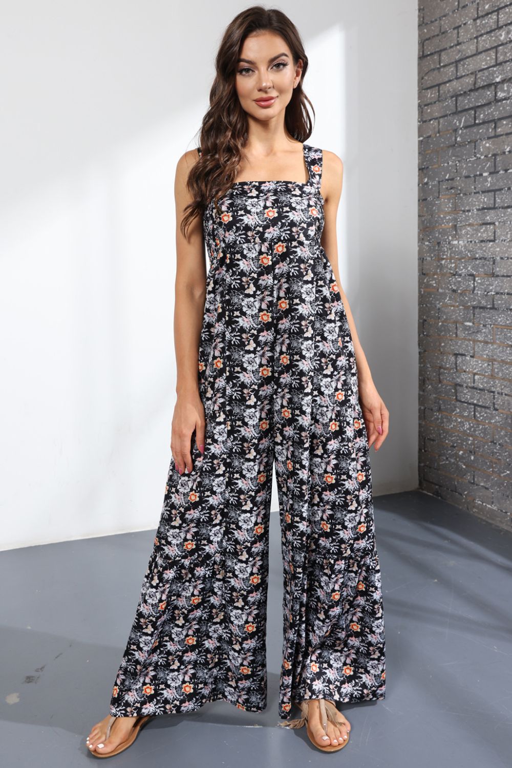 Floral Square Neck Wide Leg Jumpsuit - Quelle's BoutiQue