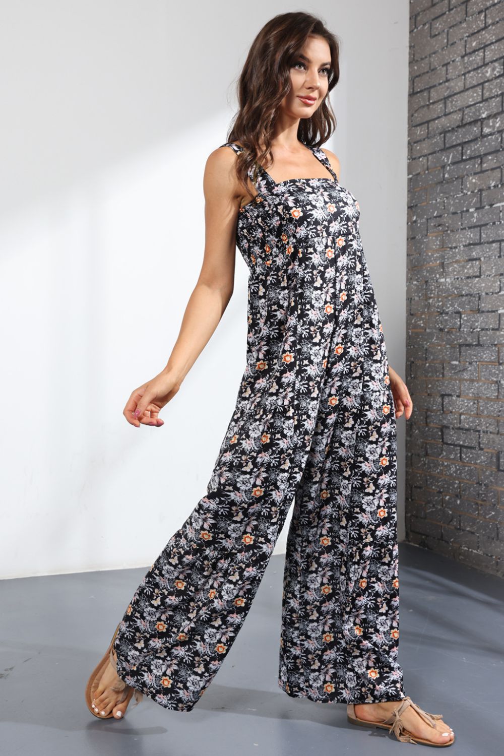 Floral Square Neck Wide Leg Jumpsuit - Quelle's BoutiQue