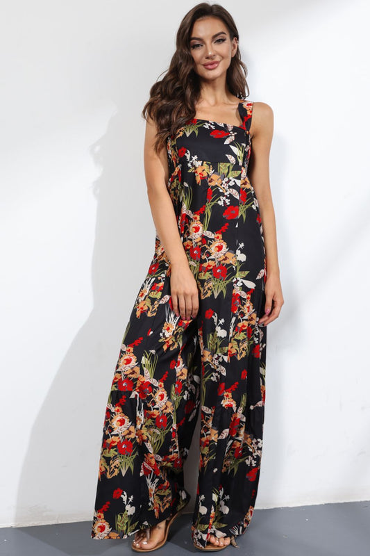 Floral Square Neck Wide Leg Jumpsuit - Quelle's BoutiQue