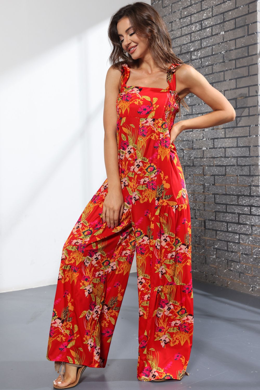 Floral Square Neck Wide Leg Jumpsuit - Quelle's BoutiQue
