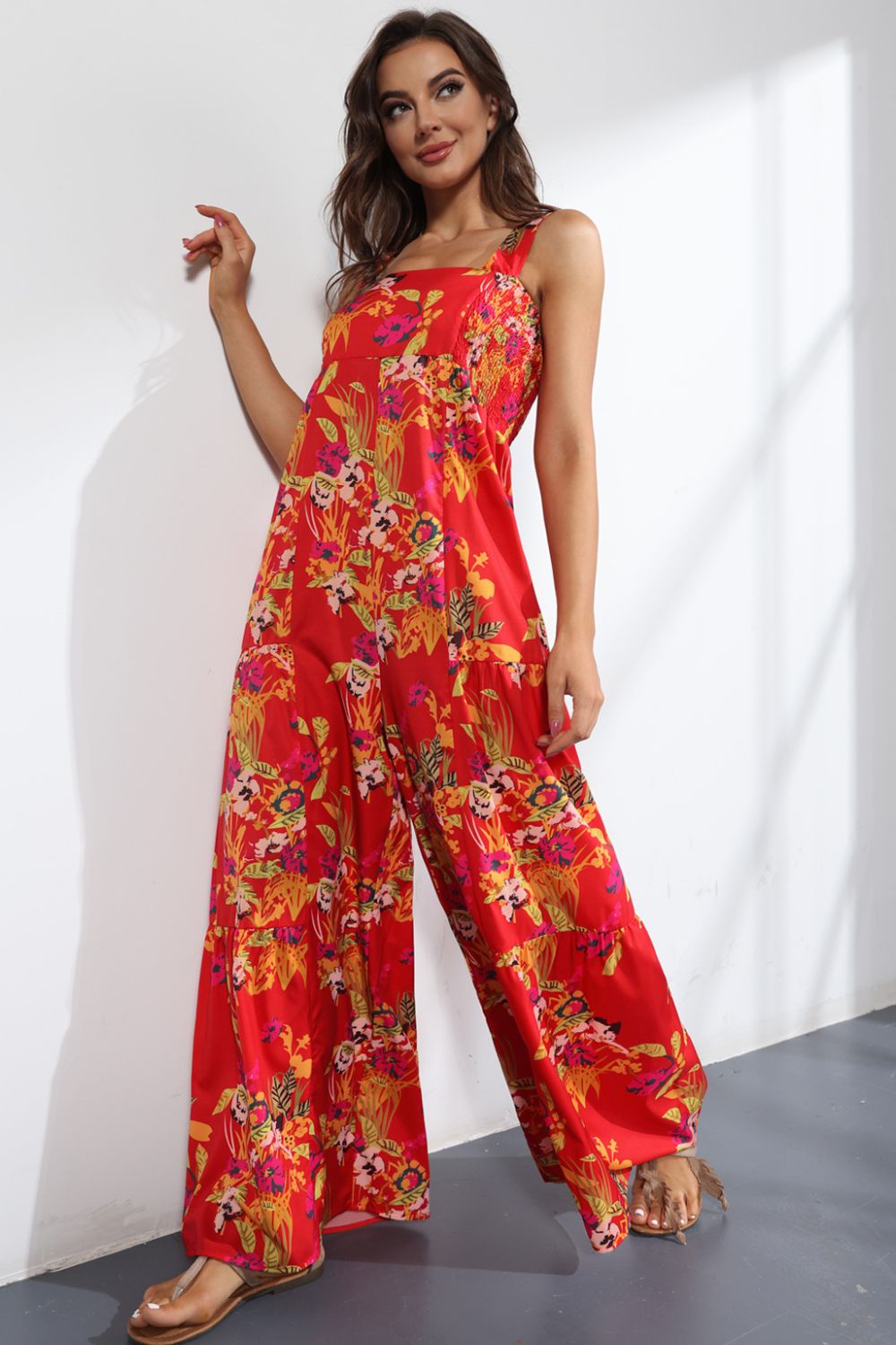 Floral Square Neck Wide Leg Jumpsuit - Quelle's BoutiQue