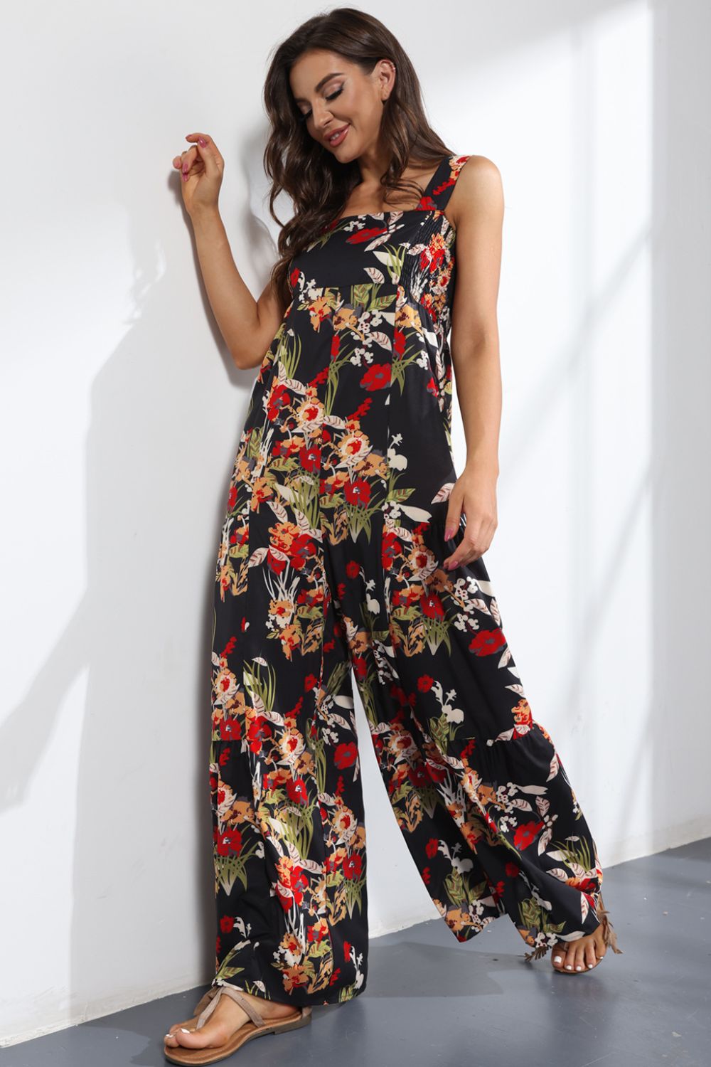 Floral Square Neck Wide Leg Jumpsuit - Quelle's BoutiQue