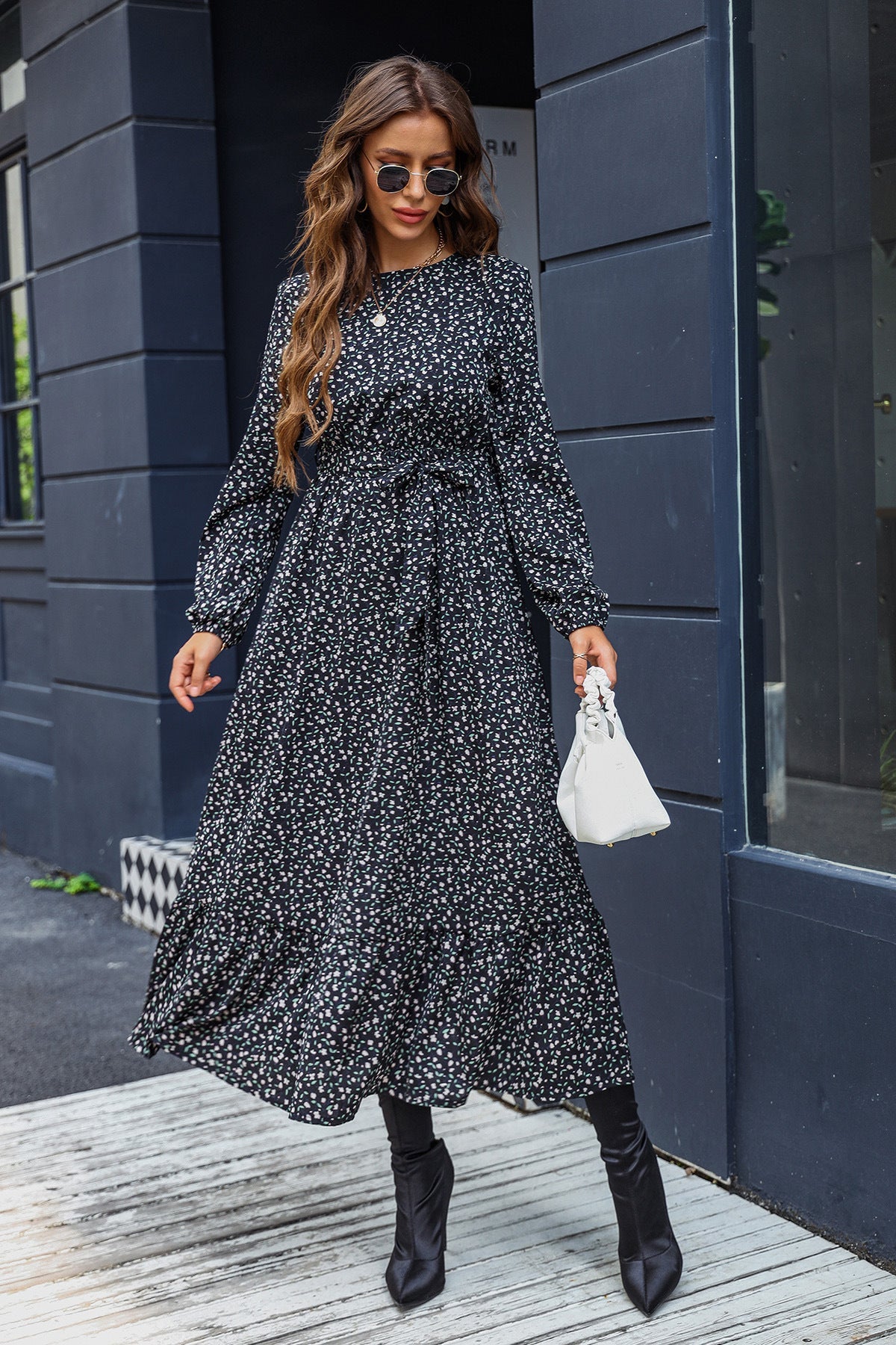Floral Tie-Waist Ruffle Hem Dress - Quelle's BoutiQue