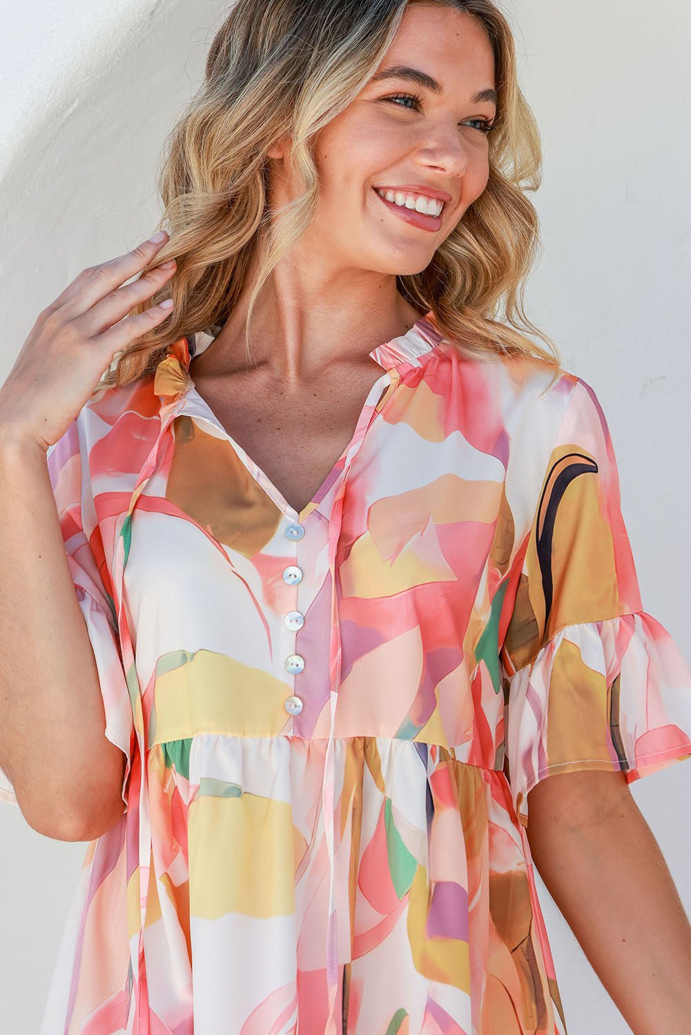 Flounce Sleeve Peach Floral Mini Dress - Quelle's BoutiQue