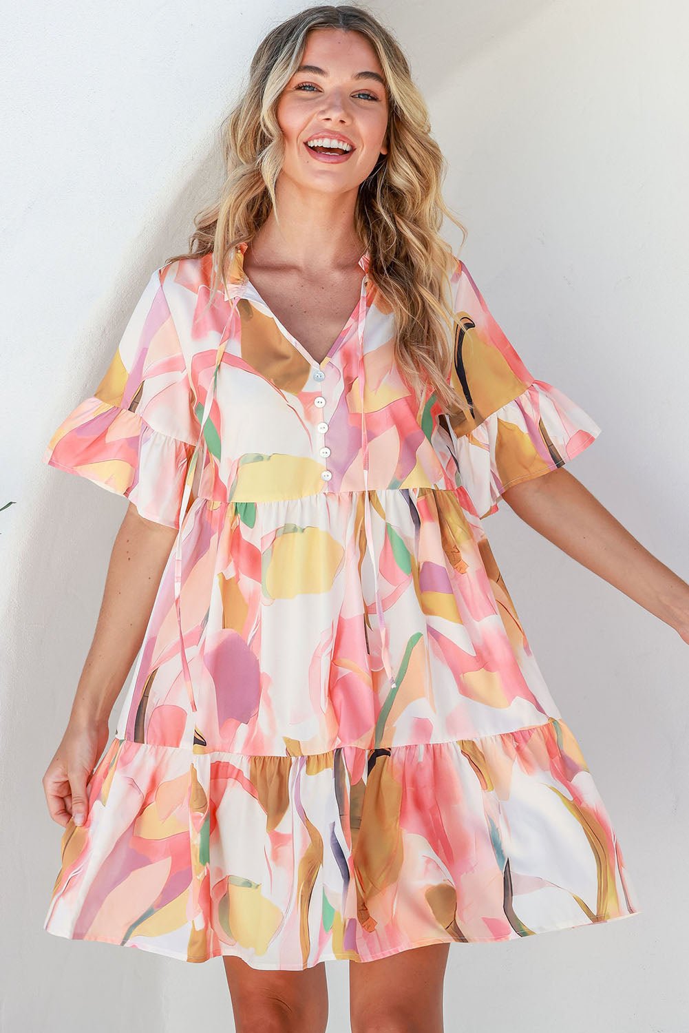 Flounce Sleeve Peach Floral Mini Dress - Quelle's BoutiQue