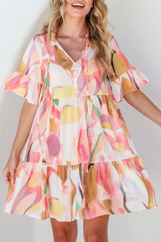 Flounce Sleeve Peach Floral Mini Dress - Quelle's BoutiQue