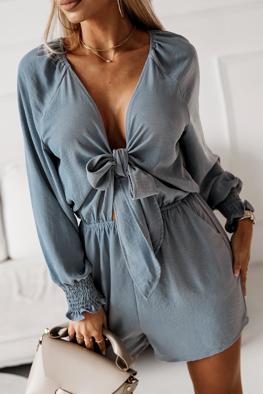 Flounce Sleeve Plunge Neck Romper - Quelle's BoutiQue
