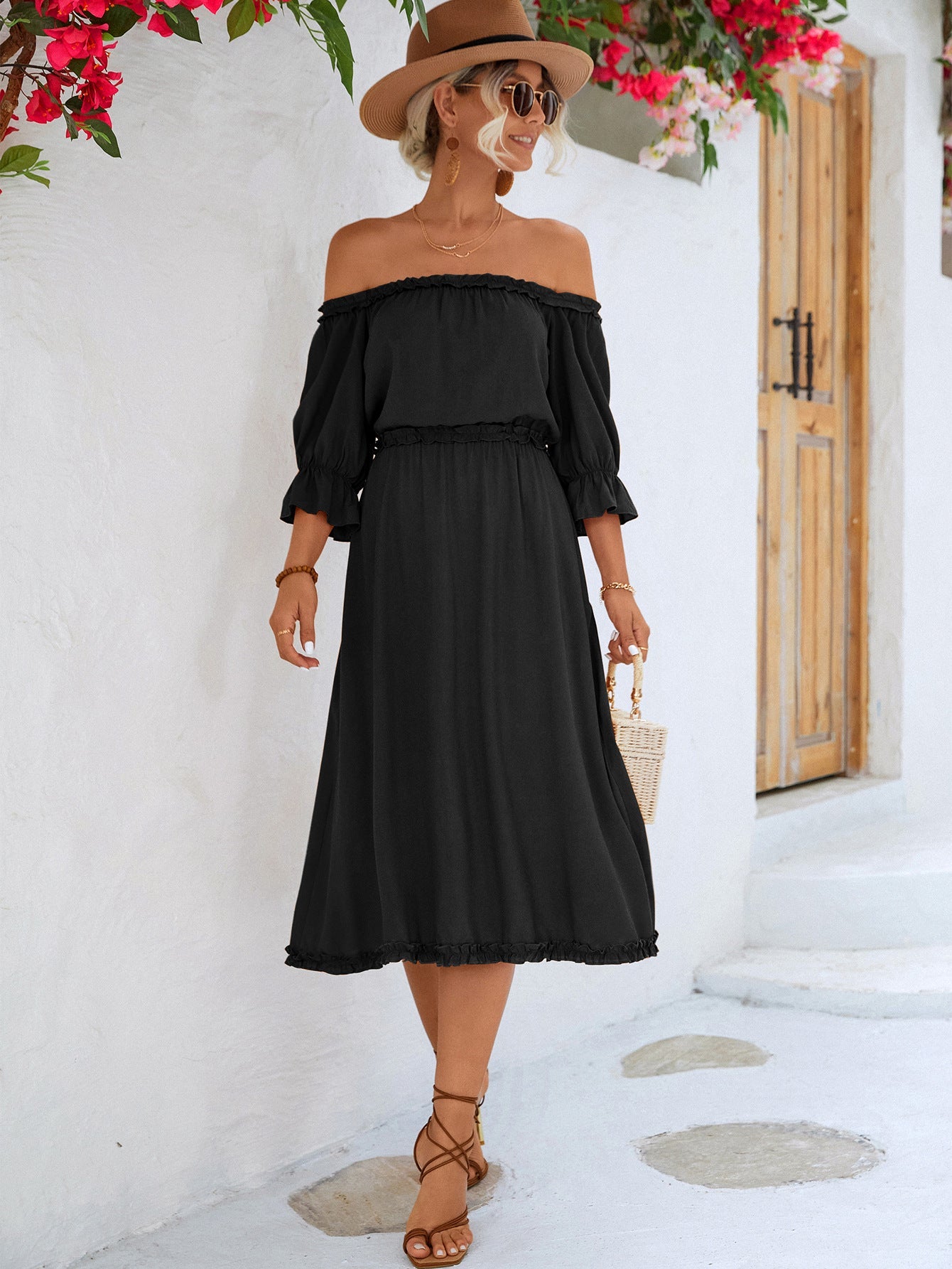 Frilled Off-Shoulder Flounce Sleeve Dress - Quelle's BoutiQue