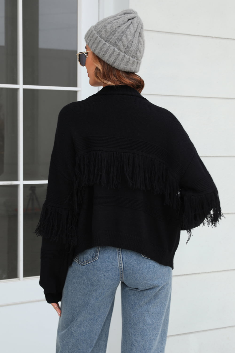 Fringe Trim Open Front Cardigan - Quelle's BoutiQue