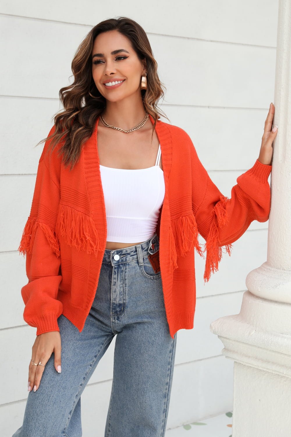 Fringe Trim Open Front Cardigan - Quelle's BoutiQue