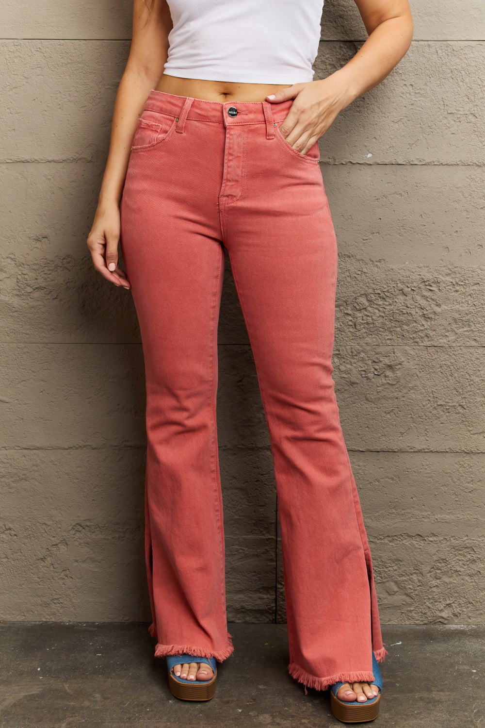 High Waist Side Slit Coral Jeans - Quelle's BoutiQue