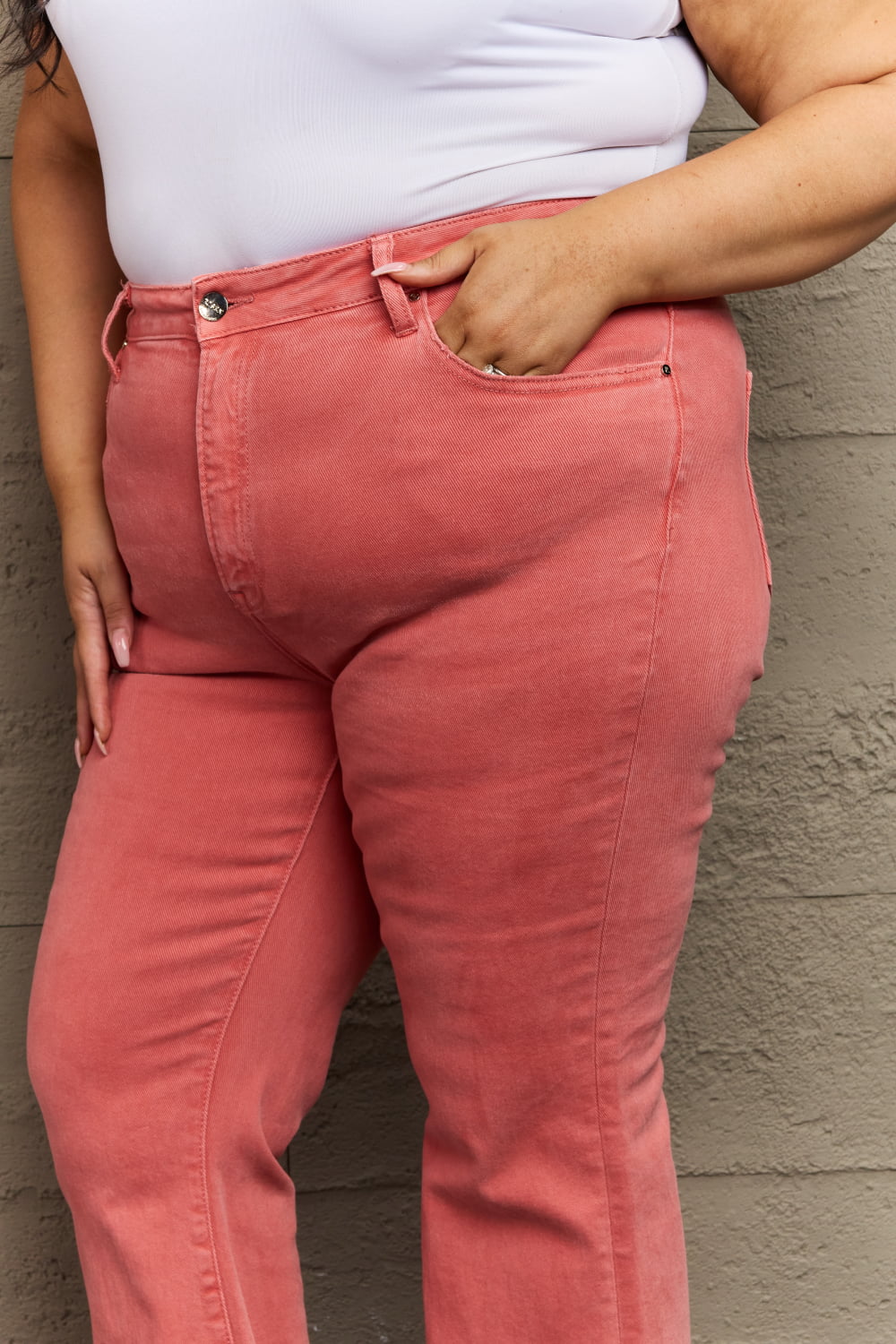 High Waist Side Slit Coral Jeans - Quelle's BoutiQue