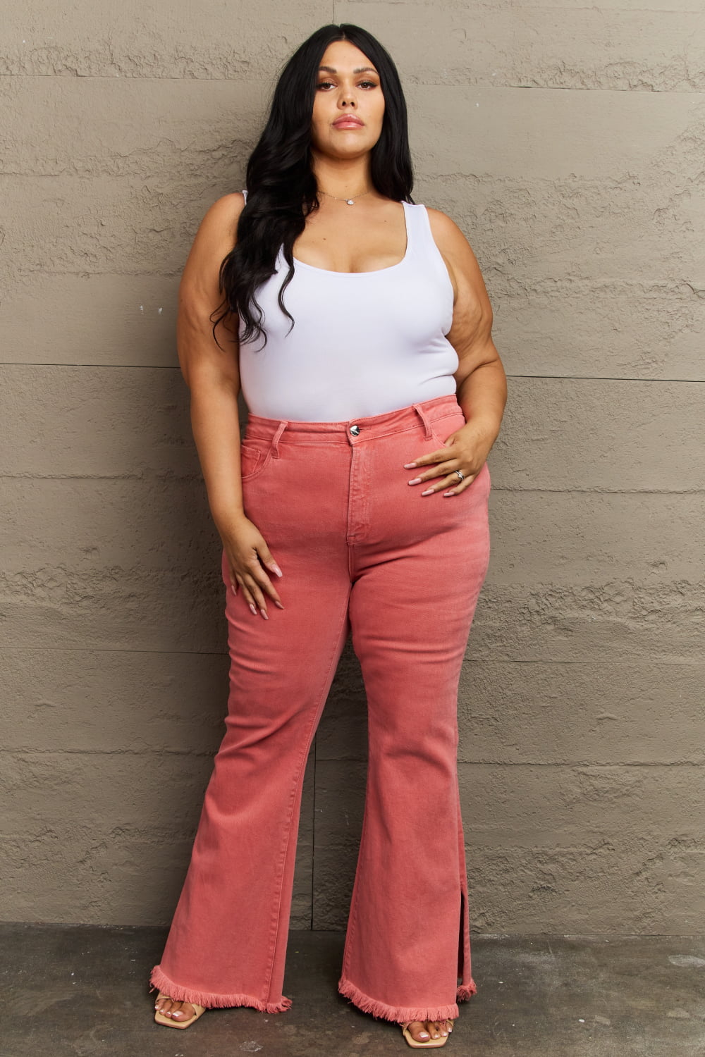 High Waist Side Slit Coral Jeans - Quelle's BoutiQue