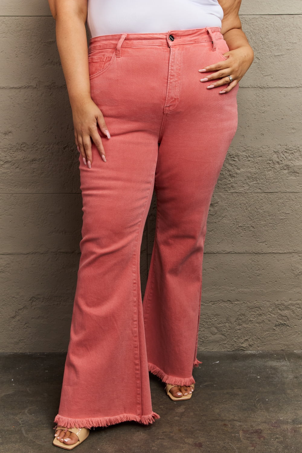 High Waist Side Slit Coral Jeans - Quelle's BoutiQue