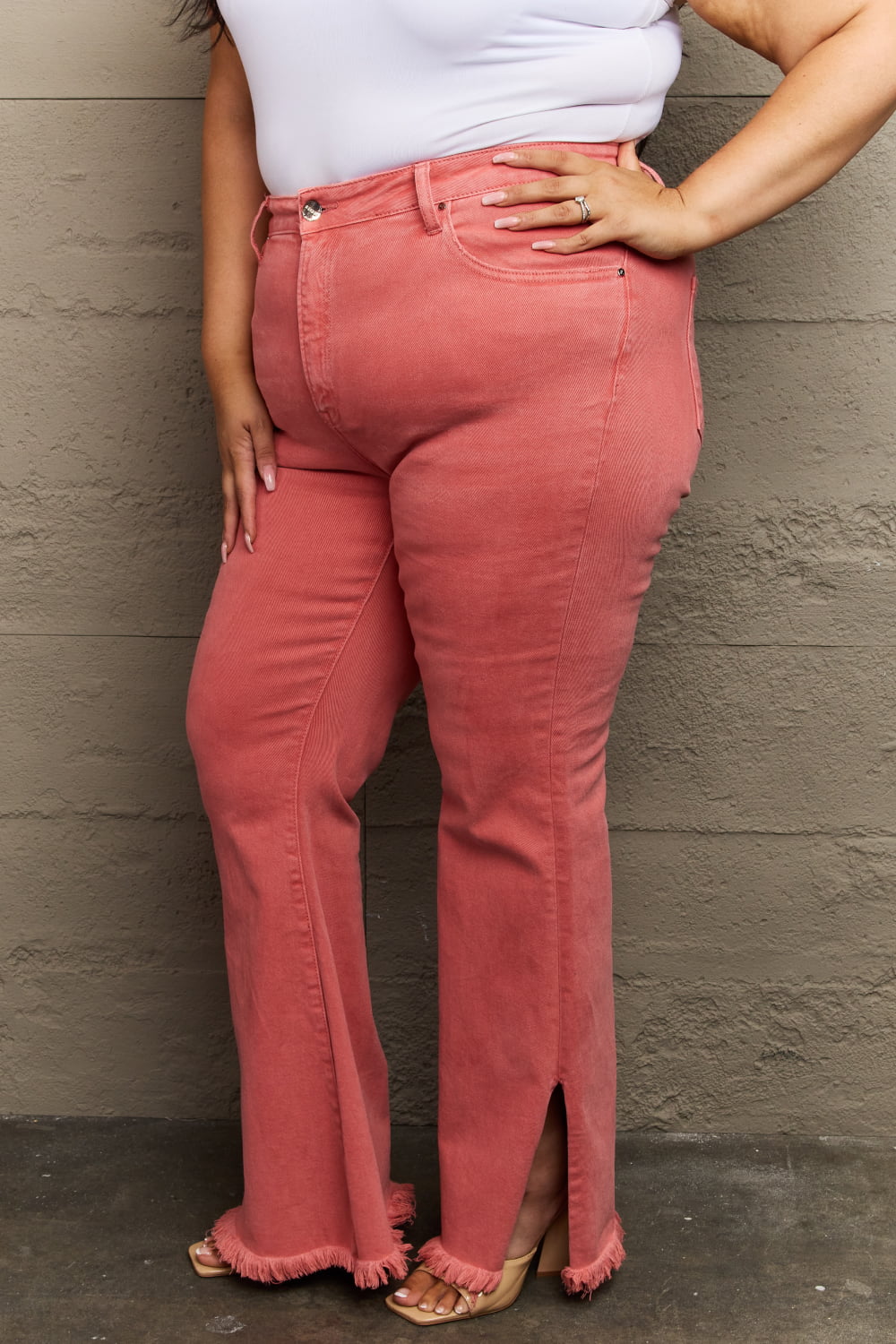 High Waist Side Slit Coral Jeans - Quelle's BoutiQue