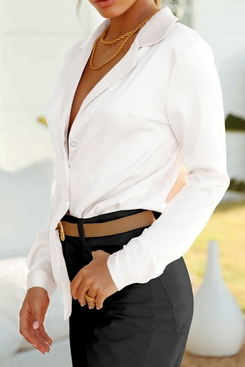 Lapel Collar Puff Sleeve Shirt - Quelle's BoutiQue