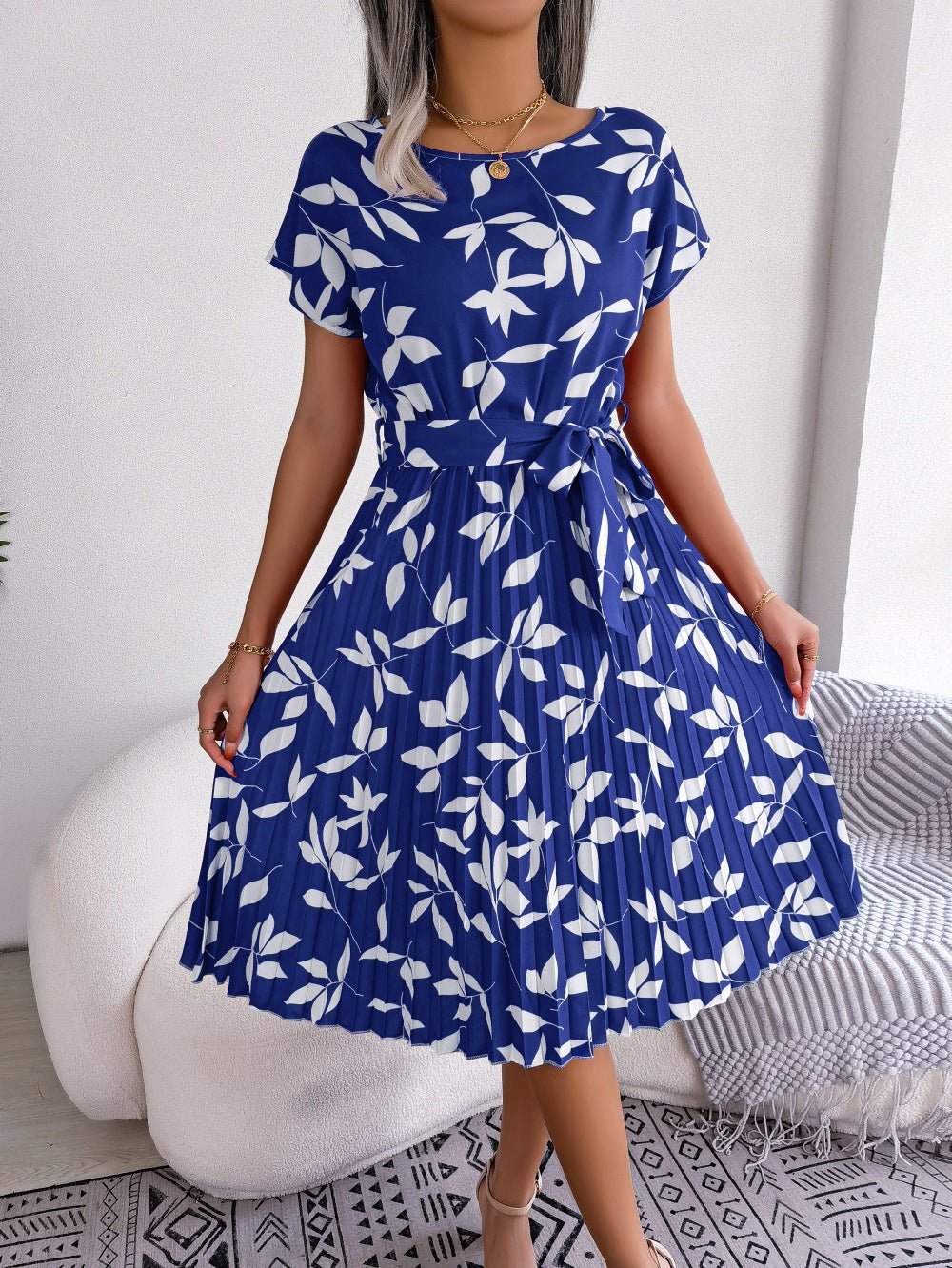 Leaf Print Short Sleeve Pleated Dress - Quelle's BoutiQue