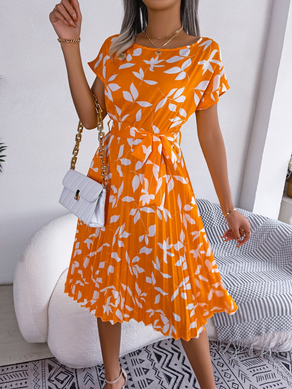 Leaf Print Short Sleeve Pleated Dress - Quelle's BoutiQue