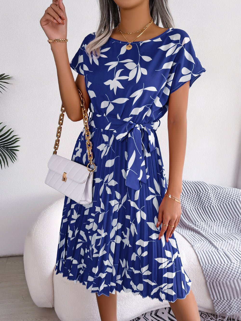 Leaf Print Short Sleeve Pleated Dress - Quelle's BoutiQue
