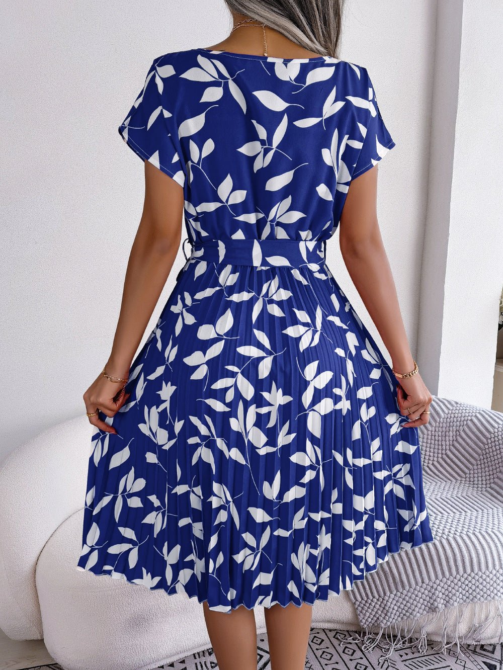 Leaf Print Short Sleeve Pleated Dress - Quelle's BoutiQue