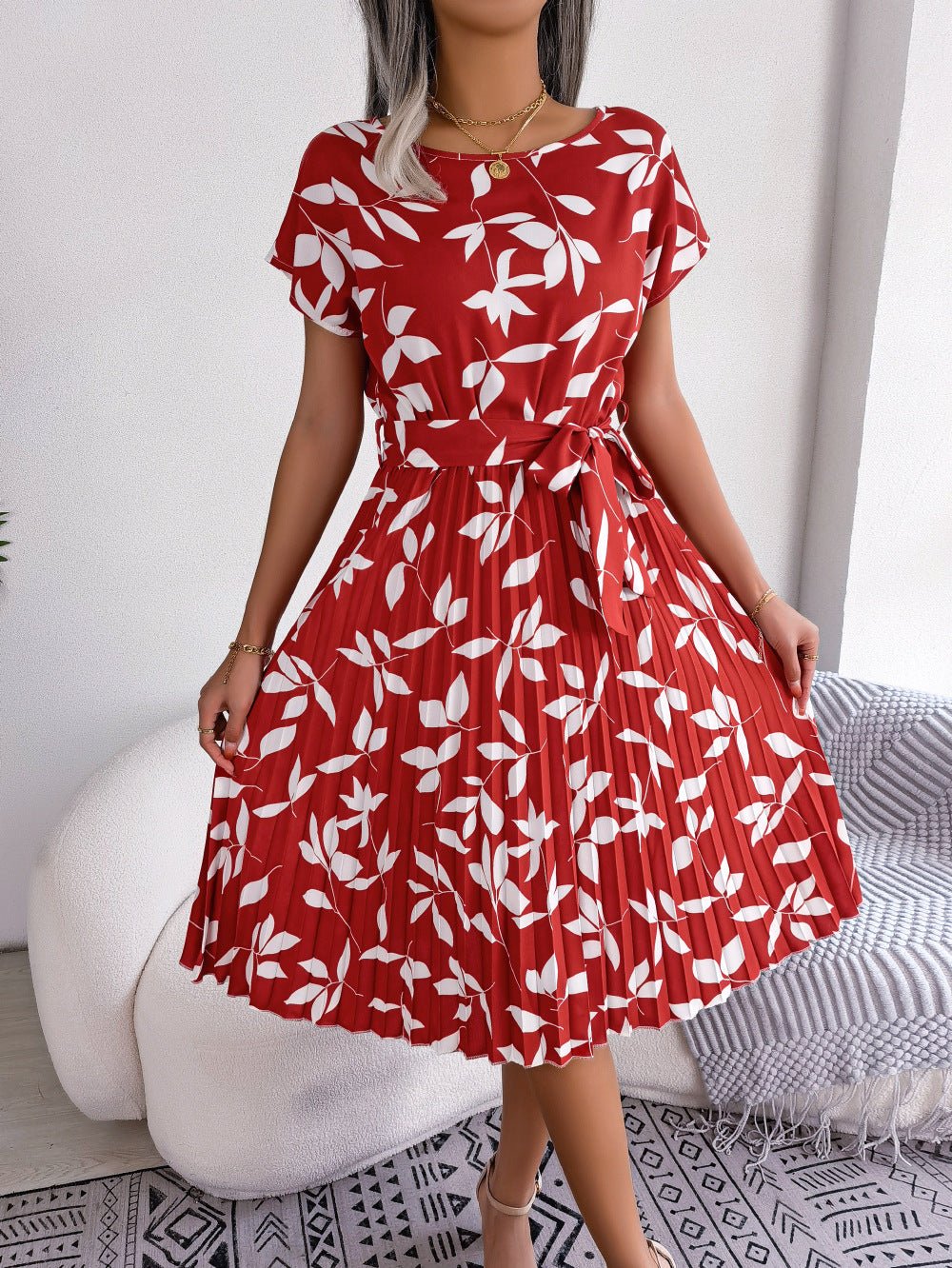Leaf Print Short Sleeve Pleated Dress - Quelle's BoutiQue