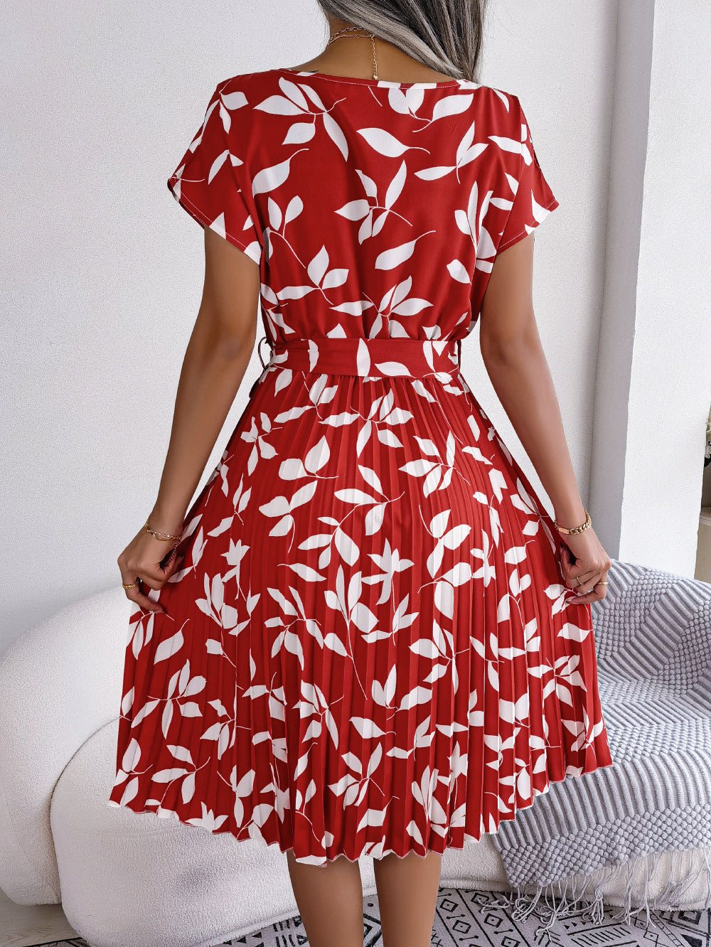 Leaf Print Short Sleeve Pleated Dress - Quelle's BoutiQue