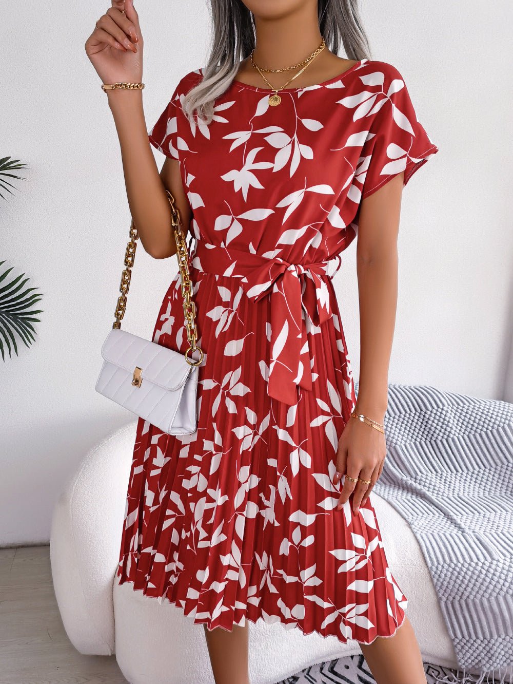 Leaf Print Short Sleeve Pleated Dress - Quelle's BoutiQue