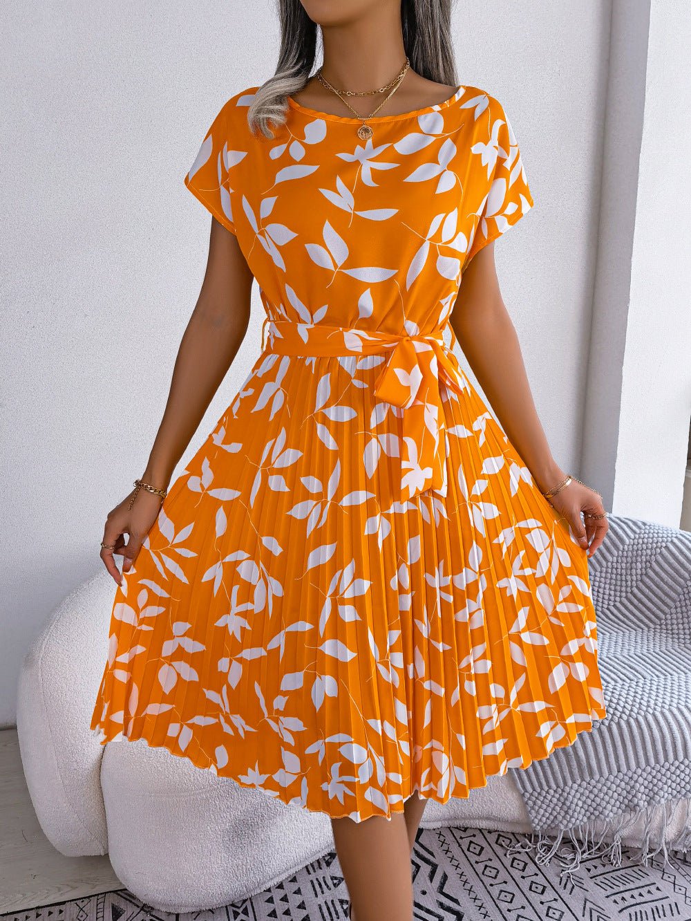 Leaf Print Short Sleeve Pleated Dress - Quelle's BoutiQue