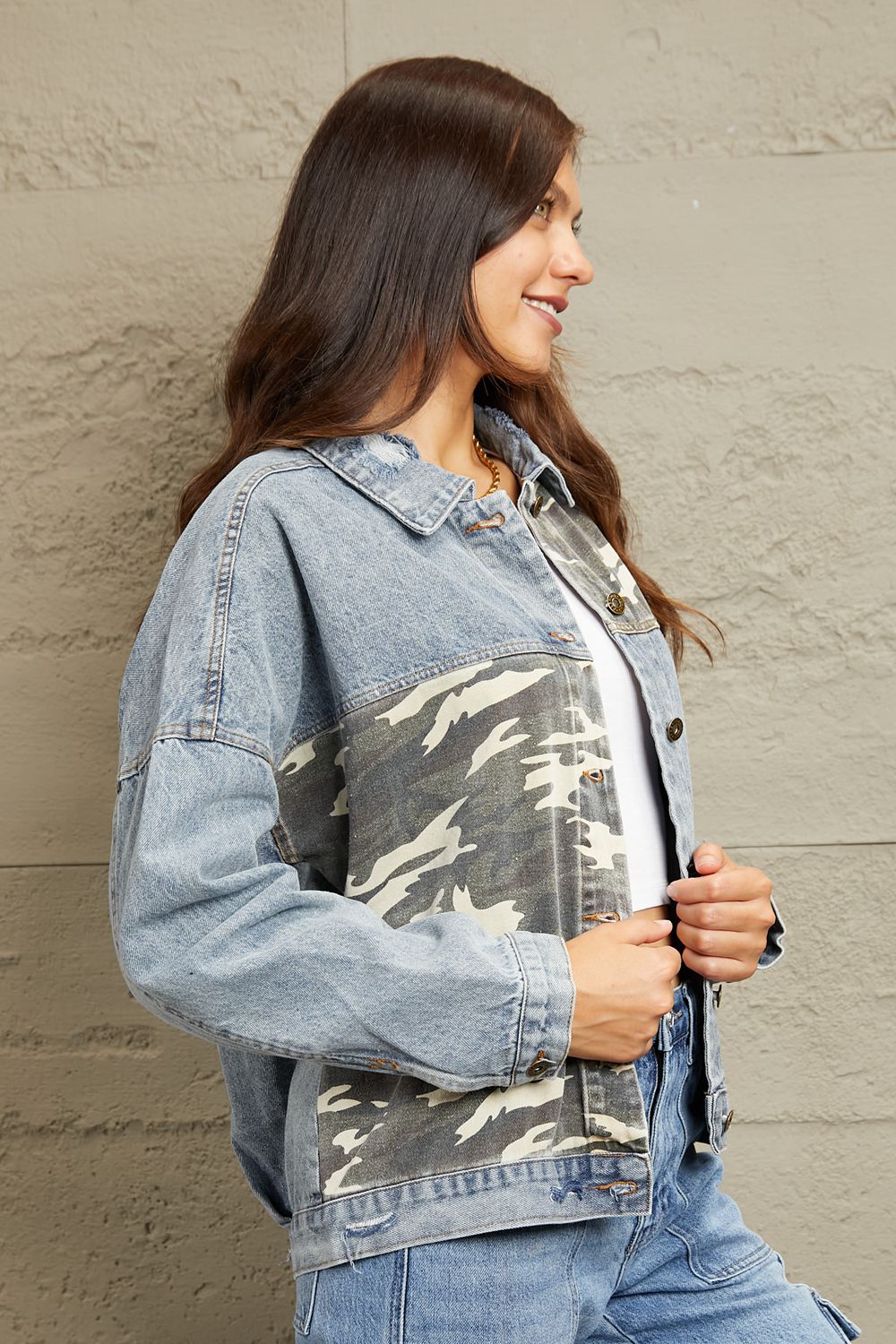 Light Washed Camo Contrast Denim Jacket - Quelle's BoutiQue