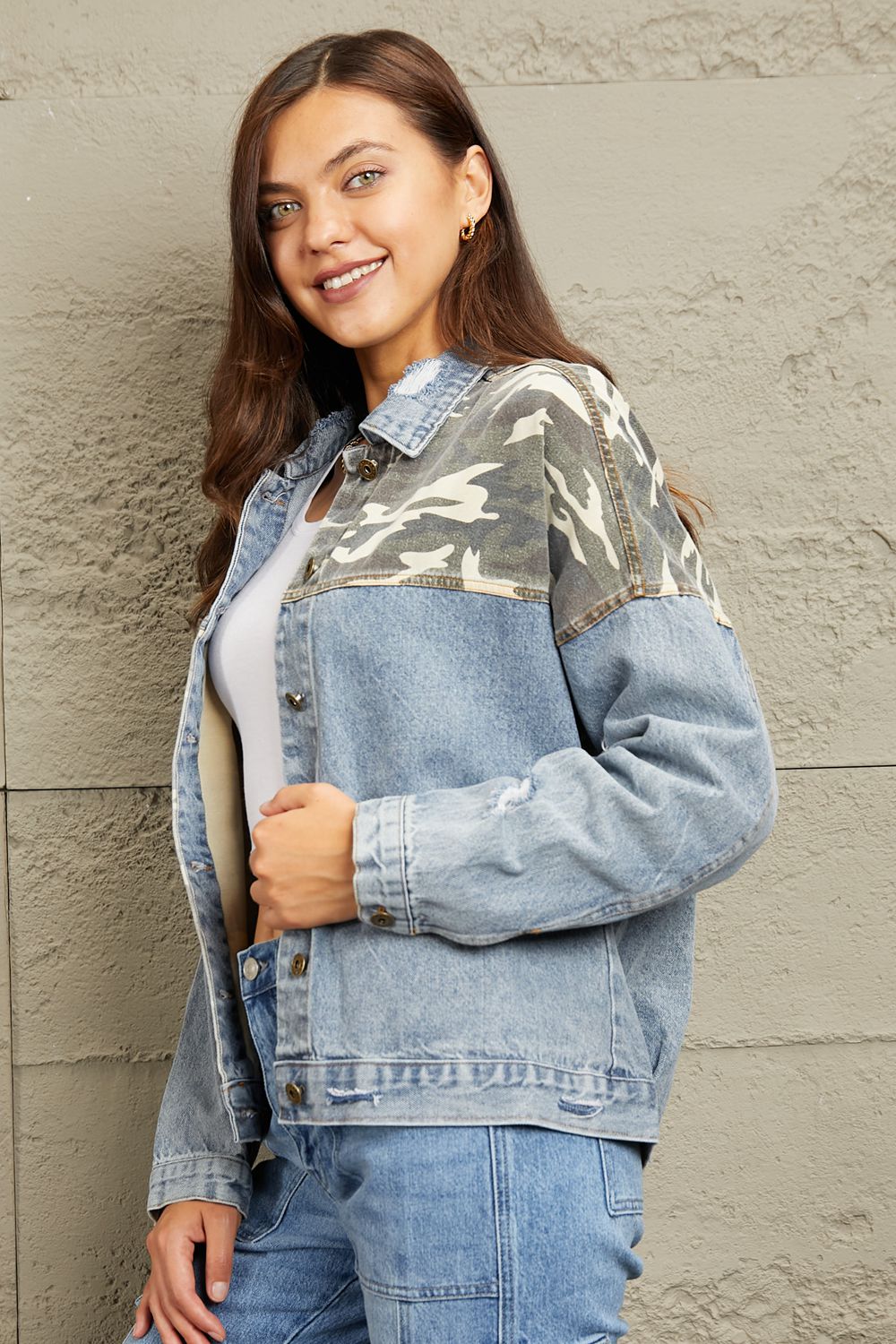 Light Washed Camo Contrast Denim Jacket - Quelle's BoutiQue