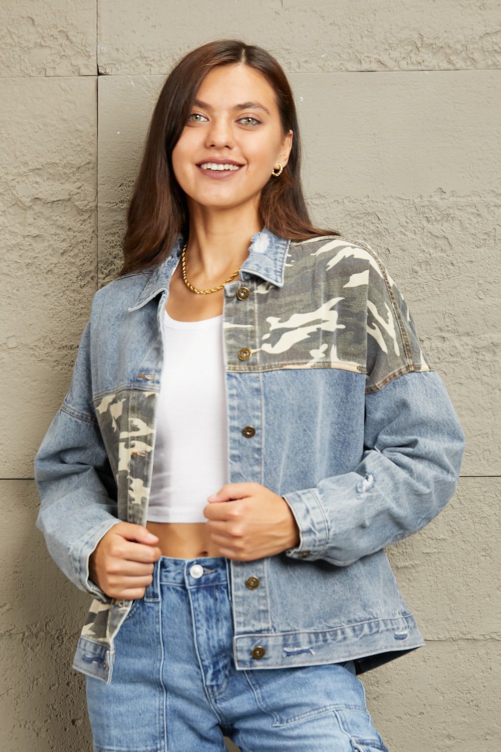 Light Washed Camo Contrast Denim Jacket - Quelle's BoutiQue