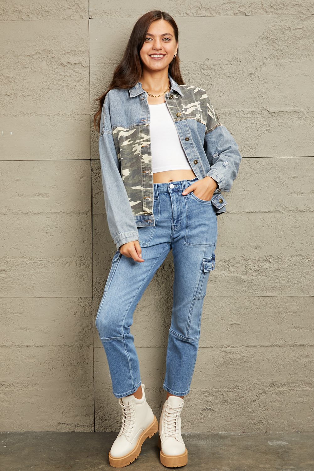Light Washed Camo Contrast Denim Jacket - Quelle's BoutiQue