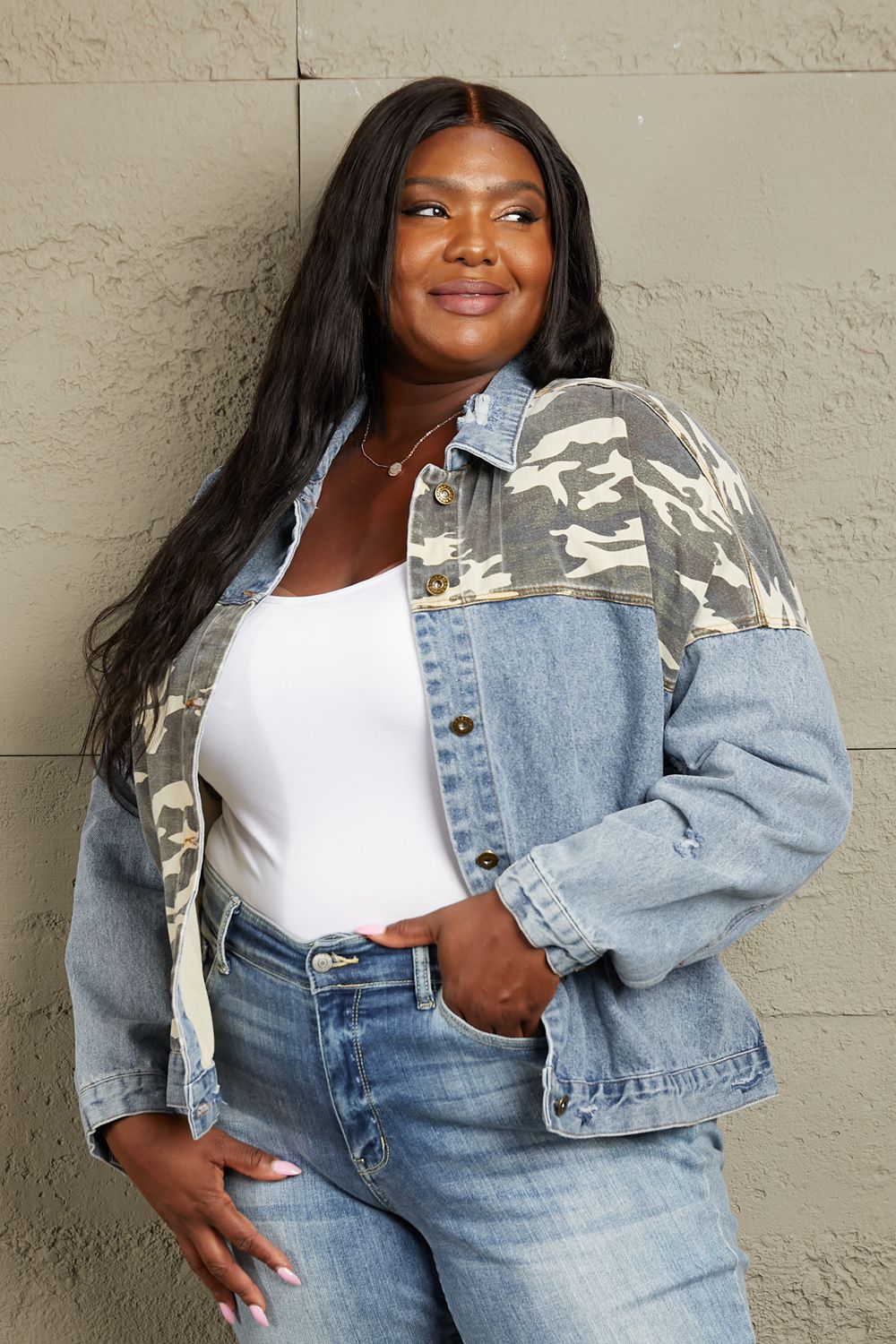 Light Washed Camo Contrast Denim Jacket - Quelle's BoutiQue