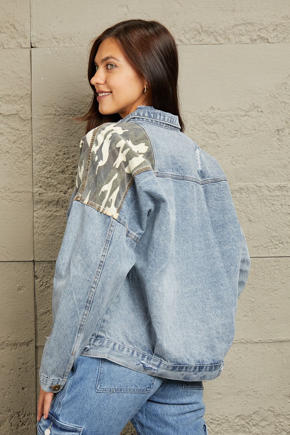 Light Washed Camo Contrast Denim Jacket - Quelle's BoutiQue