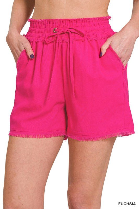 Linen Frayed Hem Drawstring Waist Shorts - Quelle's BoutiQue