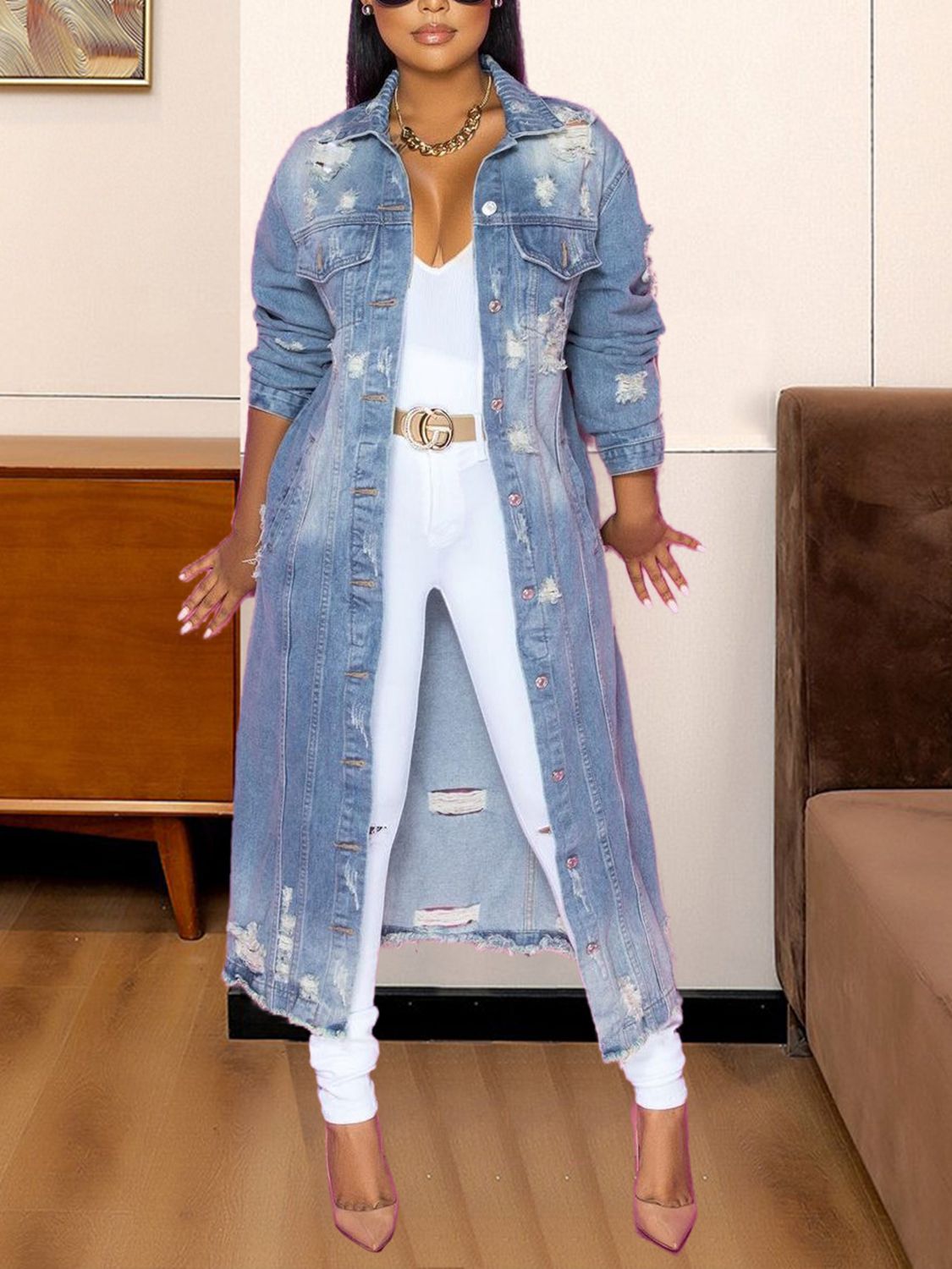 Modest Raw Hem Long Denim Jacket - Quelle's BoutiQue