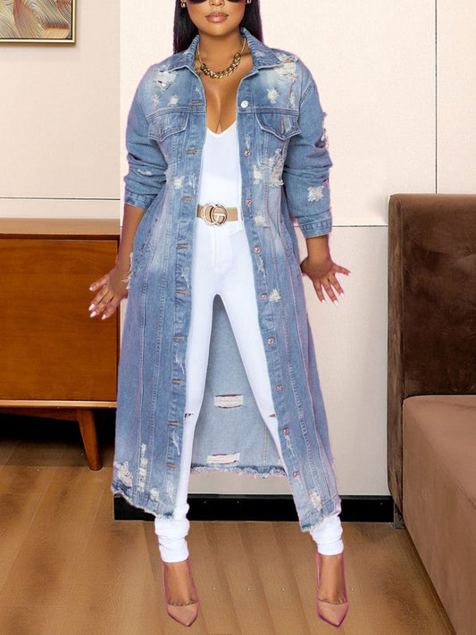 Modest Raw Hem Long Denim Jacket - Quelle's BoutiQue
