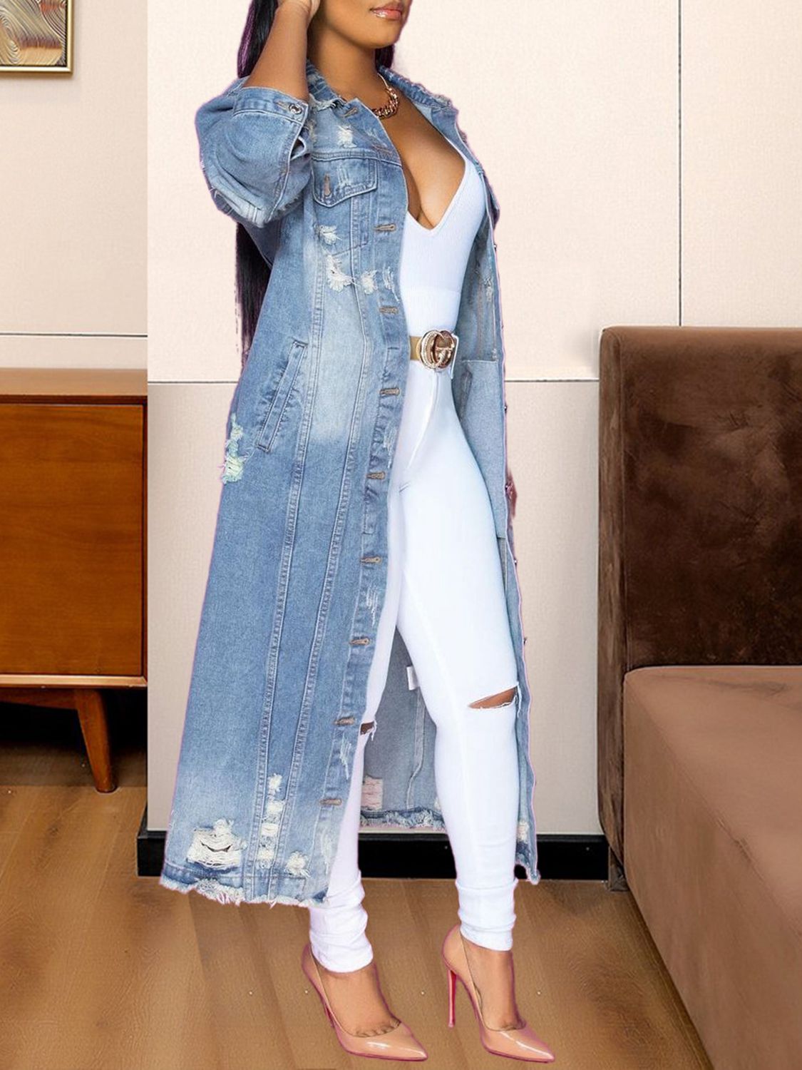 Modest Raw Hem Long Denim Jacket - Quelle's BoutiQue