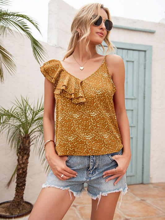 Polka Dot Ruffle Trim Asymmetrical Tank Top - Quelle's BoutiQue