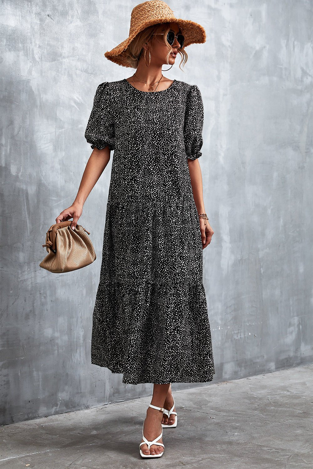 Printed Flounce Sleeve Tiered Dress - Quelle's BoutiQue