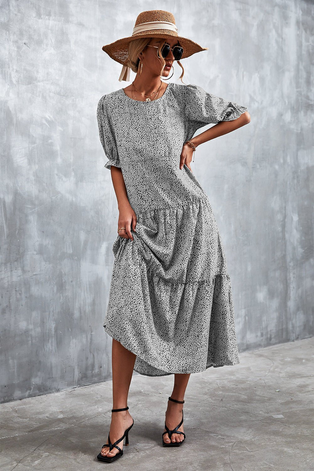 Printed Flounce Sleeve Tiered Dress - Quelle's BoutiQue