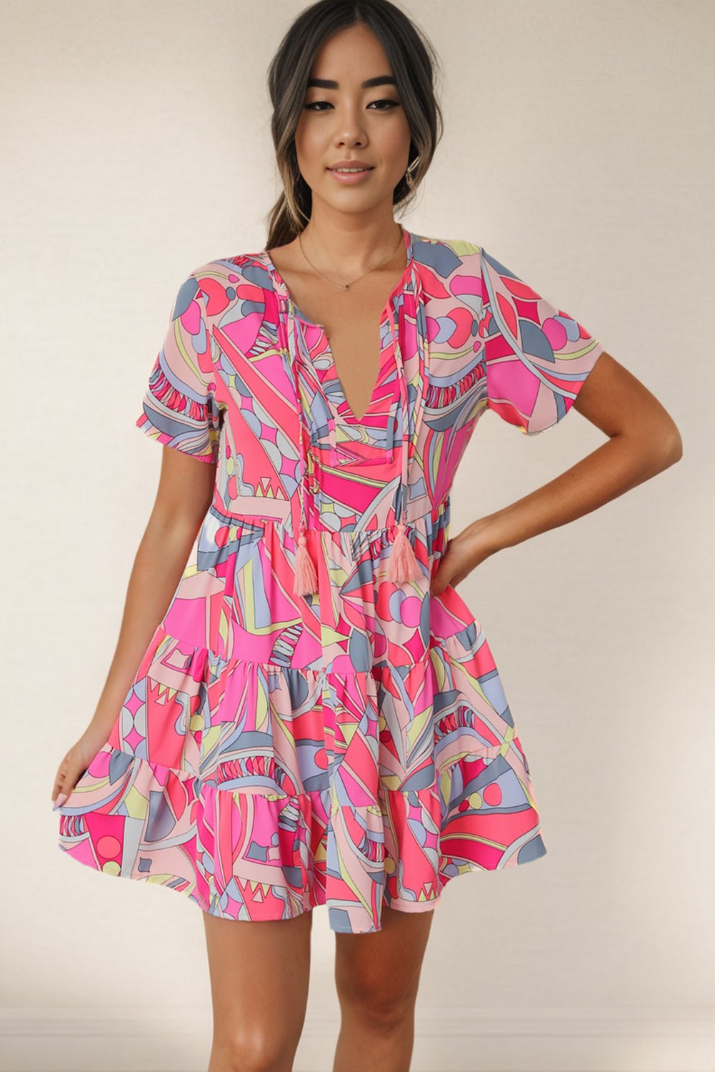 Retro Print Short Sleeve Mini Dress - Quelle's BoutiQue